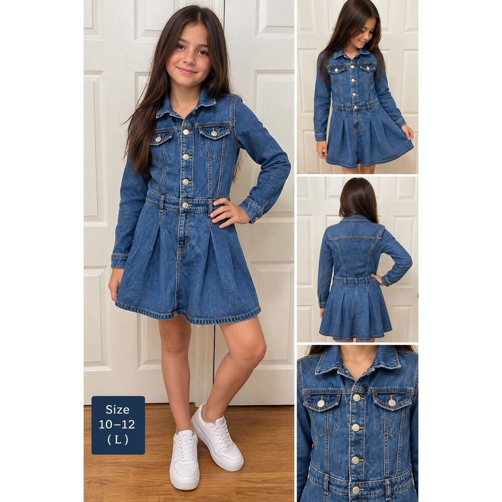 Cat & Jack Girls Size L 10/12 Blue Denim Shirt Dress Long Sleeve Button Front